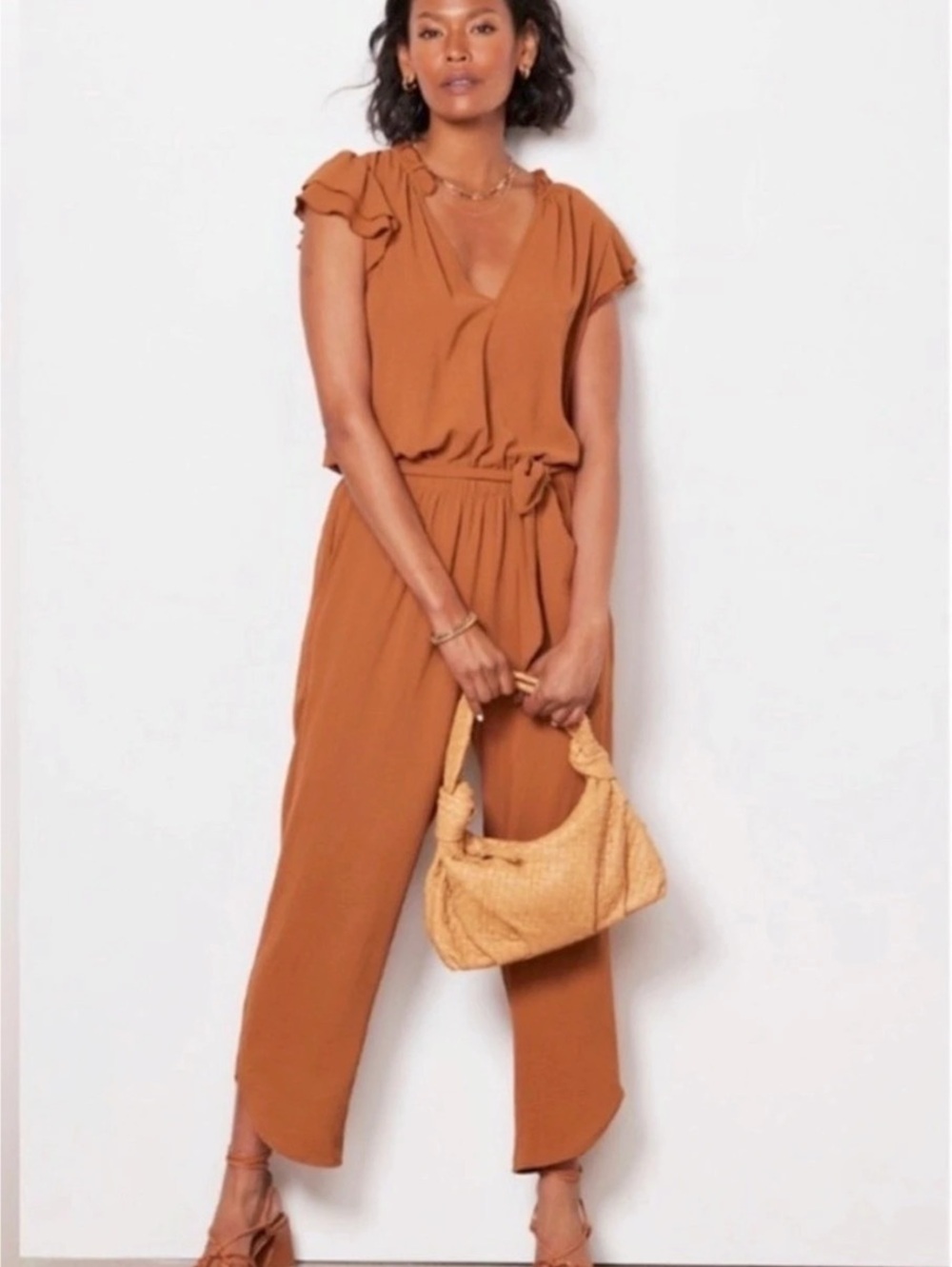 Evereve Sierra Tie-Waist Flutter Sleeve Jumpsuit Rust Brown XL